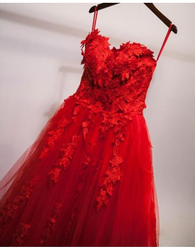 Sweetheart Red Tulle Ball Gown Evening Dress with Handmade Flowers PM1306