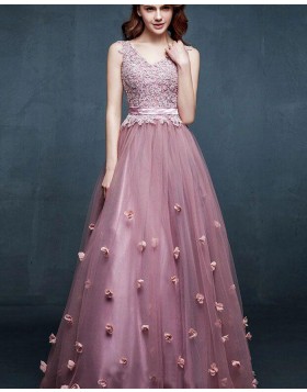 V-neck Lace Bodice Tulle Long Prom Dress with Handmade Flowers PM1311