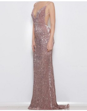 V-neck Gold Sequined Mermaid Style Evening Dress with Open Back PM1332
