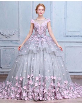 Elegant Jewel Sheer Grey Tulle and Lace Ball Gown Quinceanera Dress with Handmade Flowers PM1333