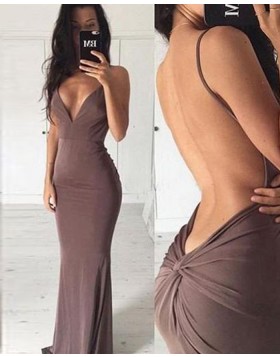 Deep V-neck Brown Satin Mermaid Long Formal Dress with Open Back PM1339