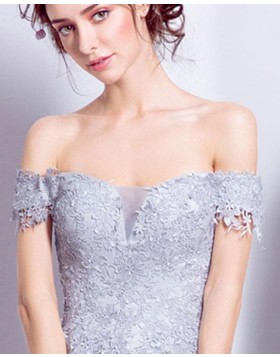 Off the Shoulder Dusty Blue Lace Appliqued Bodice Long Prom Dress PM1348