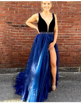 Deep V-neck Blue Tulle Beading Prom Dress with Side Slit PM1349