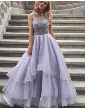 High Neck Lace Bodice Lavender Long Prom Dress with Layered Skirt PM1373