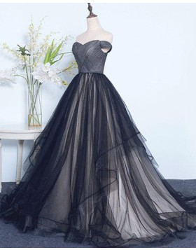 Off the Shoulder Ruched Tulle Black Ball Gown Evening Dress PM1390