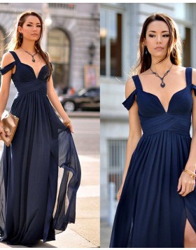 Cold Shoulder Navy Blue Chiffon Pleated Formal Dress PM1448