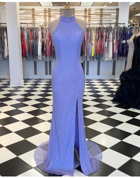 High Neck Mermaid Fish Net Lace Blue Mermaid Prom Dress with Side Slit PM1802