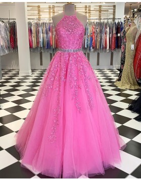 Halter Blush Pink Lace Applique Tulle Prom Dress with Beading Belt PM1805