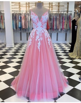 Spaghetti Straps Peach Tulle Pleated Prom Dress with Lace Applique PM1808