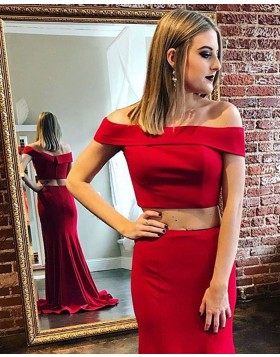 Off the Shoulder Two Piece Red Satin Mermaid Prom Dress PM1817