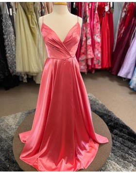 Simple Spaghetti Straps Peach Pink Ruched Satin Prom Dress PM1831