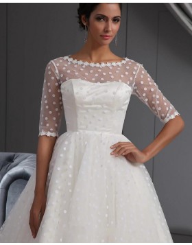 Jewel Neck Polka Dots White A-line Short Wedding Dress with Half Length Sleeves PM1891