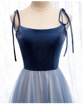 Spaghetti Straps Velvet Bodice Navy Blue Long Formal Dress PM1904