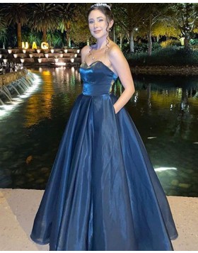 Simple Sweetheart Navy Blue Satin Prom Dress with Pockets PM1954