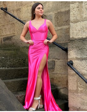 Simple V-neck Satin Pink Mermaid Prom Dress with Side Slit PM2634
