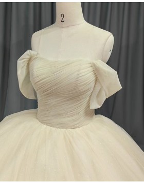 Off the Shoulder Tulle Ivory Ruched Ball Gown Evening Dress PM2636