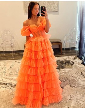 Orange Tulle Off the Shoulder Prom Dress with Layered Skirt PM2638