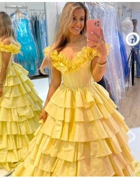 V-neck Ruched Yellow Satin Prom Dress with Layered Skirt PM2640
