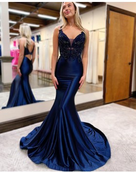 Navy Blue V-neck Lace Bodice Satin Mermaid Prom Dress PM2641
