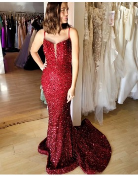 Spaghetti Straps Burgundy Sequin Tight Prom Dress PM2644