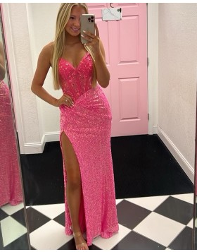 Spaghetti Straps Pink Sequin Tight Prom Dress with Side Slit PM2646