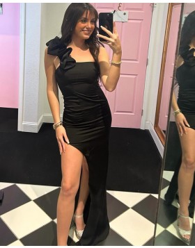 One Shoulder Black Satin Side Slit Prom Dress with Bowknot PM2650
