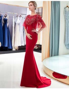Elegant Jewel Neck Red Beading Bodice Mermaid Satin Evening Dress QD004