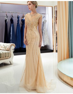 Elegant High Neck Gold Beading Mermaid Evening Dress QD010