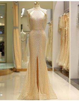 Gorgeous Gold High Neck Beading Tulle Evening Dress with Front Slit QD044