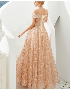 Elegant Off the Shoulder Pleated Sequin A-line Evening Dress