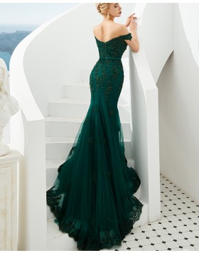 Off the Shoulder Green Beading Applique Mermaid Evening Dress