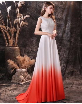 Jewel Neckline Ombre Lace Bodice Pleated Satin Prom Dress QD24451