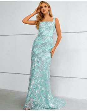 Square Neckline Cyan Sequin Lace Evening Dress with Detachable Skirt QD351072