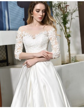 Bateau Neckline Satin White Appliqued Wedding Dress with Half Length Sleeves QDWD022