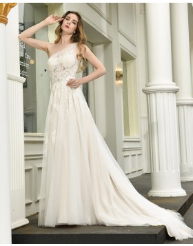 One Shoulder Ivory Lace Applique Tulle A-line Wedding Dress QDWD023