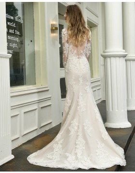 V-neck Ivory Lace Mermaid Appliqued Side Slit Wedding Dress with Long Sleeves QDWD027