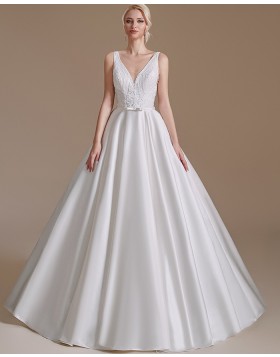 Simple White V-neck Satin A-line Wedding Dress with Lace Bodice SQWD2499