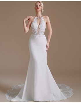 High Neck Beading Satin White Mermaid Wedding Dress with Lace Bodice SQWD2503