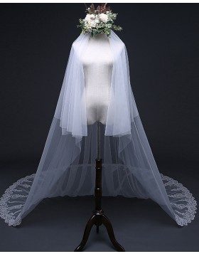 Two Tier Lace Applique Tulle Cathedral Length Bridal Veil TS17120