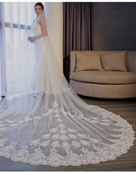 White Lace Applique Edge Tulle Cathedral Length Bridal Veil TS17153