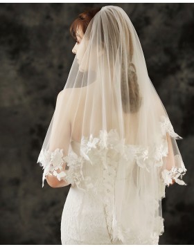 Ivory Two Tiers Lace Applique Edge Tulle Elbow Length Veil TS1901A