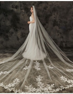 One Tier Ivory Applique Edge Cathedral Length Bridal Veil with Comb TS1910A