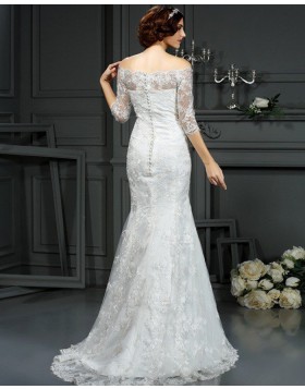Off the Shoulder Appliqued Mermaid Style Wedding Dress with Half Length Sleeves WD2001