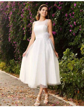 Jewel Ivory Tulle Tea Length Simple Wedding Dress with Sash WD2005