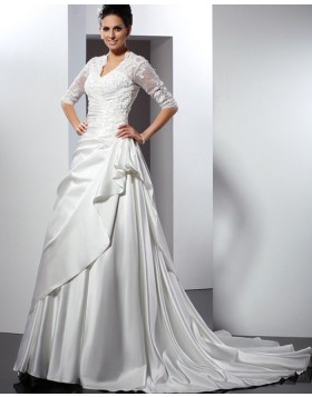 Queen Anne Lace Bodice Ruffled Satin Wedding Gown with Half Length Sleeves WD2007