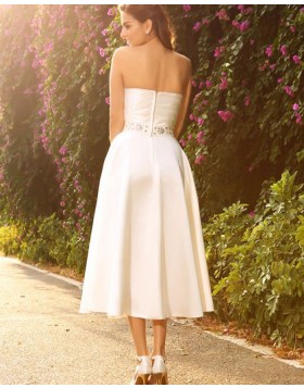 Strapless Ivory Ruched Tea Length Simple Short Wedding Dress with Beading Sash WD2011