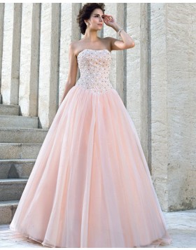 Strapless Beading Bodice Pink Pleated Princess Wedding Gown WD2023