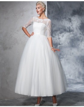 Lace Bodice Sheer Neck Princess Ankle Length Wedding Dress with Half Length Sleeves WD2025