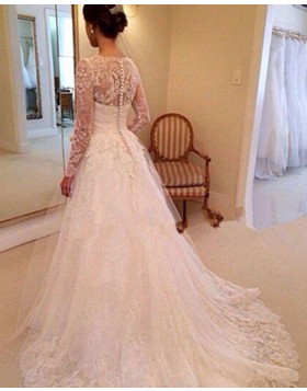 Square Lace A-line Ivory Princess Wedding Dress with Long Sleeves WD2035