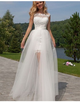Jewel Lace Short White Wedding Dress with Detachable Skirt WD2042